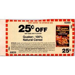 25¢ Off Any Size Any Flavor Quaker Cereal Oak Brook IL 1980s Coupon SAI1-M5